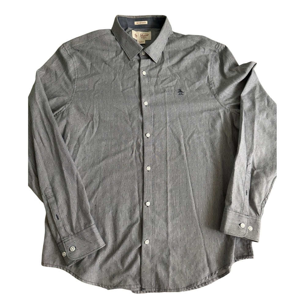 Original Penguin Mens XL Heritage Slim Fit Grey Pinstripe Dot Button Down Shirt